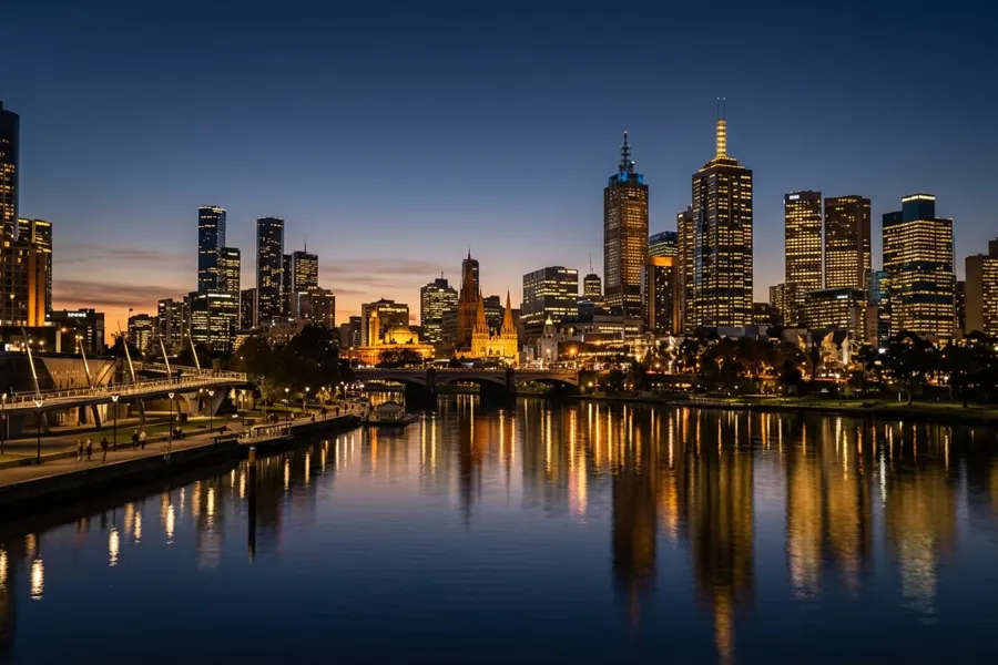 Melbourne skyline at dusk across the Yarra River